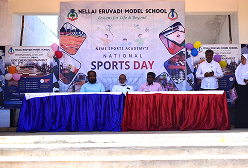 Sports Day event with banner and stage